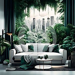 Urban jungle in trendy living room interior with white couch