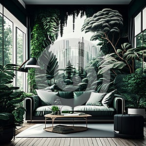 Urban jungle in trendy living room interior with white couch