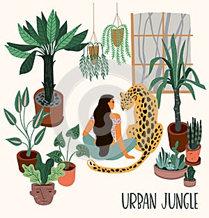 Urban Jungle. Vector illustration with trendy home decor.