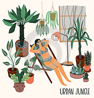 Urban Jungle. Vector illustration with trendy home decor. Houseplants, tropical leaves.