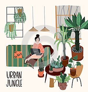 Urban Jungle. Vector illustration with trendy home decor. Houseplants, tropical leaves.