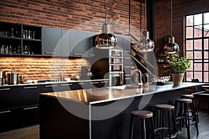 Urban kitchen with exposed brick walls. Glossy black cabinets contrast against the red brick
