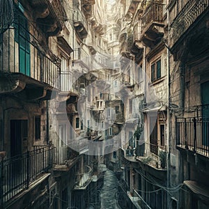 Urban Labyrinth: AI Generated Capture of Cluttered City Alley with Balconied Walls