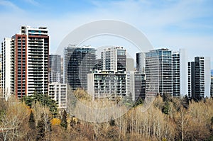 Urban landscame with modern buildings.