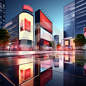 Urban Landscape 3D Rendering: Billboards and Advertisement Signs at Modern Buildings in the Capital City with Radiant Lights