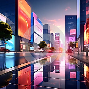 Urban Landscape 3D Rendering: Billboards and Advertisement Signs at Modern Buildings in the Capital City with Radiant Lights