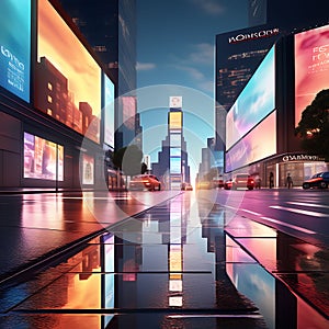 Urban Landscape 3D Rendering: Billboards and Advertisement Signs at Modern Buildings in the Capital City with Radiant Lights