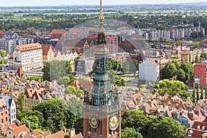 Urban landscape, aerial view of the old city, tower of Town Hall, Gdansk, Poland
