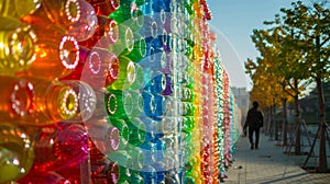 In an urban landscape a brightlycolored art installation catches the eye of passersby. The structure is made up of old