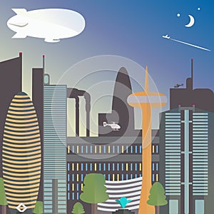 Urban landscape with a dirigible. The city night with the moon and stars. Skyscrapers and TV tower with fountain.