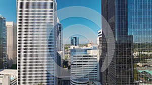 Urban landscape of downtown district of Charlotte city in North Carolina, USA. Skyline with high skyscraper buildings in