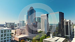 Urban landscape of downtown district of Charlotte city in North Carolina, USA. Skyline with high skyscraper buildings in