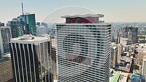 Urban landscape of downtown district of Miami Brickell in Florida, USA. Skyline with high skyscraper buildings in modern