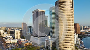 Urban landscape of downtown district of Tampa city in Florida, USA. Skyline with high skyscraper buildings in modern