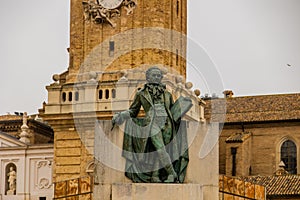 Urban landscape with goya monuments in Zaragoza on a cloudy day