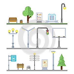 Urban landscape icons. Traffic lights lanterns, bench and fountain street elements