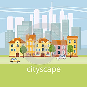 Urban landscape with large modern buildings and suburb with private houses. Street, highway with cars. Concept city and