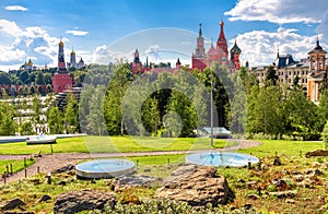 Urban landscape of Moscow in summer, Russia. Landscaped design in modern Zaryadye Park near Moscow Kremlin