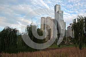 Urban landscape with park and buildings modern architecture in the background photo