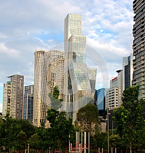 Urban landscape with park and buildings modern architecture in the background photo