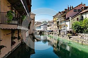 Urban landscape river,buildings and architecture of Annecy old town.