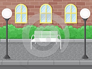 Urban landscape. Roadway with street lights and a bench against the background of a brick house. Cartoon style. Object for