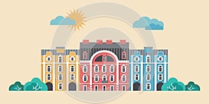 Urban landscape vector illustration. Summer town, city street concept. Flat buildings design