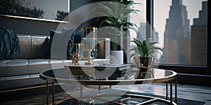 Urban living room interior design with a cityscape view. Generative AI