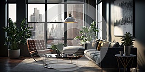 Urban living room interior design with a cityscape view. Generative AI
