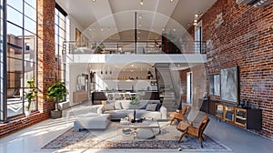urban loft design, loft interior design features neutral tones, exposed brick walls, and high ceilings for a spacious photo