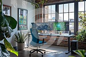 Urban Loft Office with AI Development Workstation and Greenery