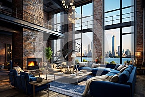 Urban loft style living room with dark blue dusk, high ceilings, and industrial elements