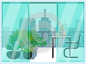 Urban look from balcony, concept cityscape and terrace loggia flat vector illustration. Cozy relax place, design