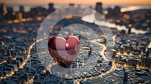 Urban Love: A 3D Render of a Big City with Skyscrapers and a Heartfelt GPRS Pin