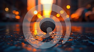 Urban microphone on wet pavement at sunset