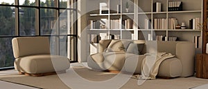 Urban minimal and comfortable home apartment living room interior design with comfy sofa