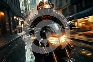 Urban motorcyclist, helmet in hand, speeds through cityscape on sleek chopper