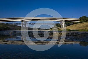 Urban multi-level vehicle and foot bridges spanning river