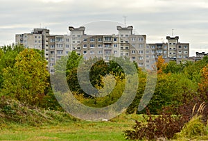 Urban multistory houses autumn scene