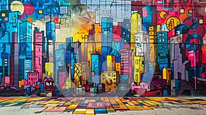 urban mural art, a cityscape mural on a building facade incorporates graffiti art to tell a unique story through photo