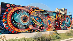 Urban mural celebrates indigenous histories with vibrant, detailed artwork. Indigenous Peoples Day, August 9 photo
