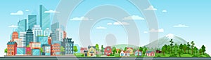 Urban and nature landscape. Modern city buildings, suburban houses and wild forest vector illustration. Contemporary