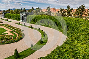 Urban nature: privy garden in majestic Schonbrunn palace, Vienna Austria against orange houses and dramatic sky photo