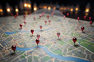 Urban navigation Red pins on city map, guiding exploratory routes