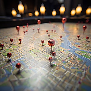 Urban navigation Red pins on city map, guiding exploratory routes