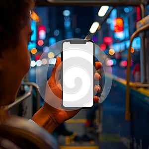 Urban night commute Person holds blank smartphone screen
