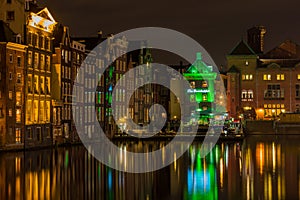 Urban night scene showing the city center of Amsterdam