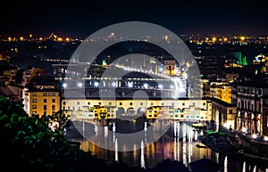 Ponte Vecchio at night. Florence city lights by night, Italy.