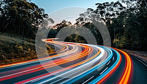 Urban night traffic fast moving cars creating light trails on illuminated highway