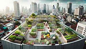 Urban Oasis Above City Center Rooftop Garden Flourishes with Residents Homegrown Vegetables and Herbs